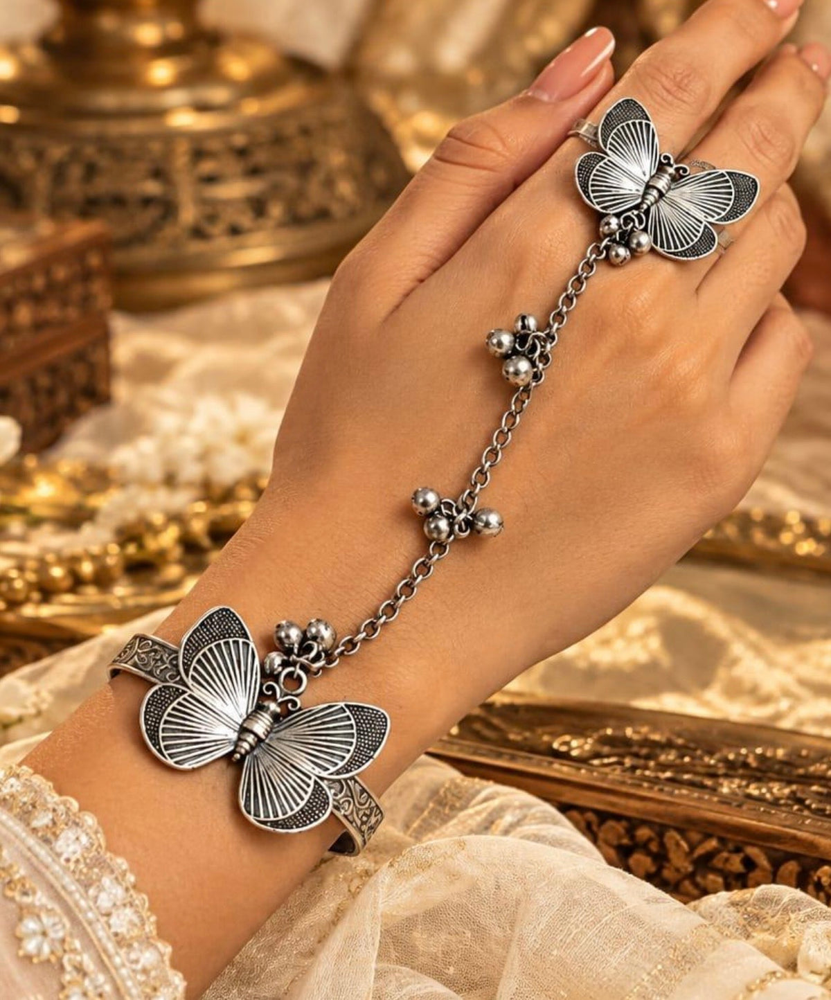 Silver look alike butterfly Hathpaan Hathphool or hand harness