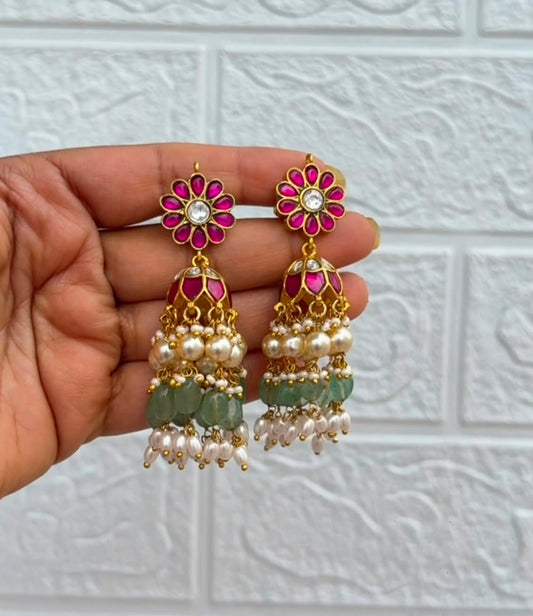 Cute real kundan three layered flower swarovski pearl jhumkas