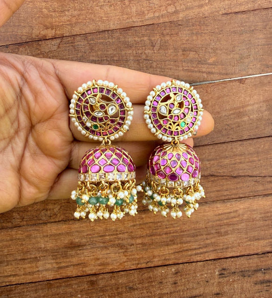 Peacock round pearl kemp jhumkas