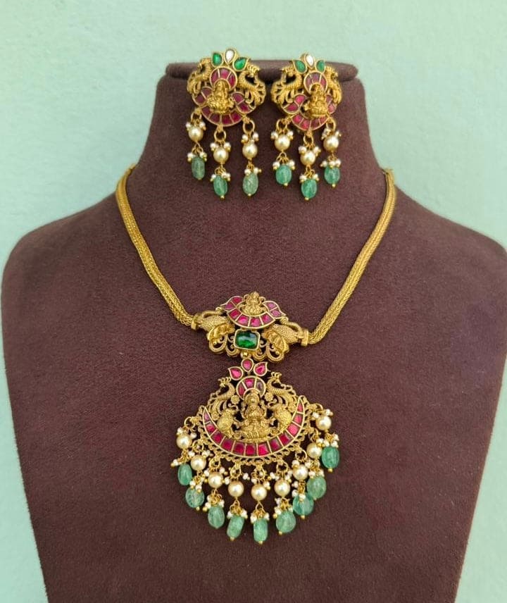 Nano elephant lakshmi real kundan devi necklace with hangings