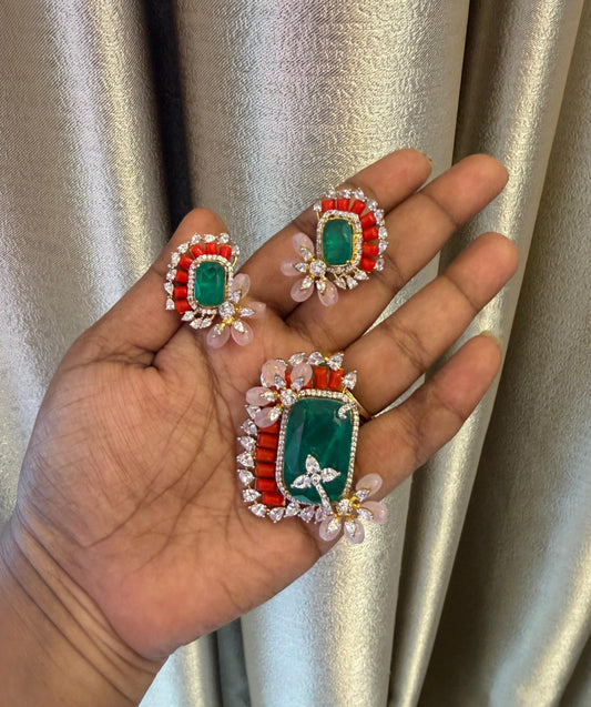 royal green coral pink leaf diamond finish designer locket combo