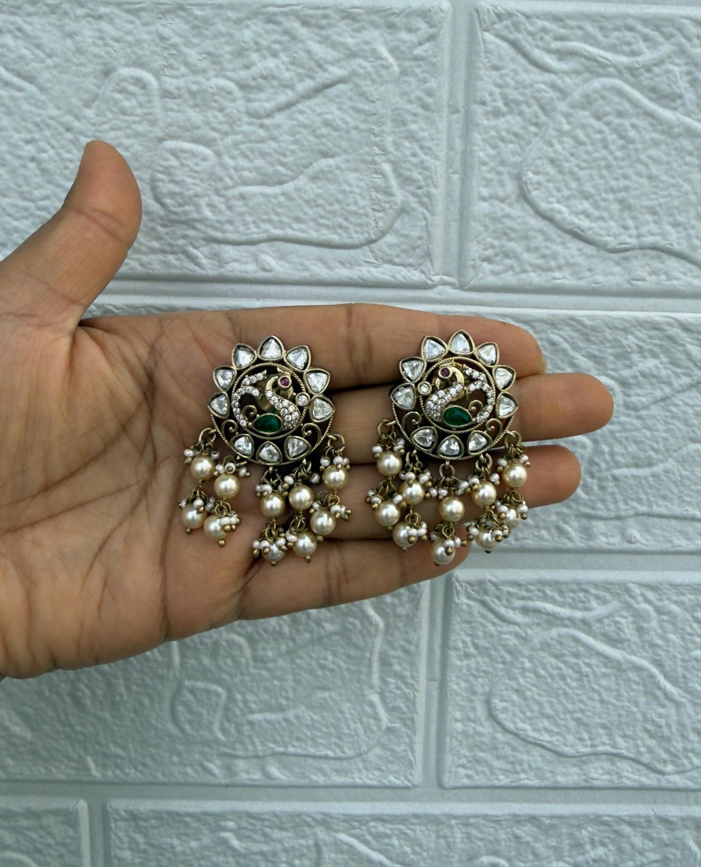 Peacock stud moissanite pearl hanging earrings