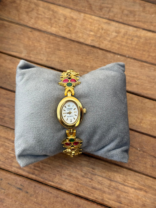 Antique finish three real kundan watch