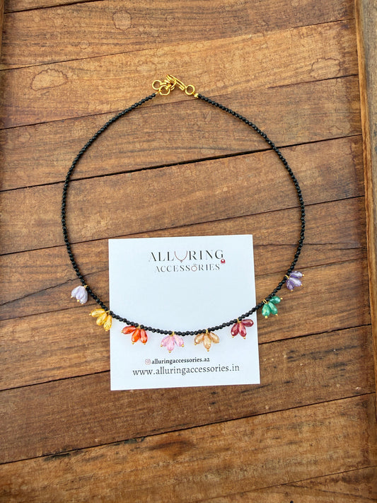 Crystal cz multi coloured black beads necklace