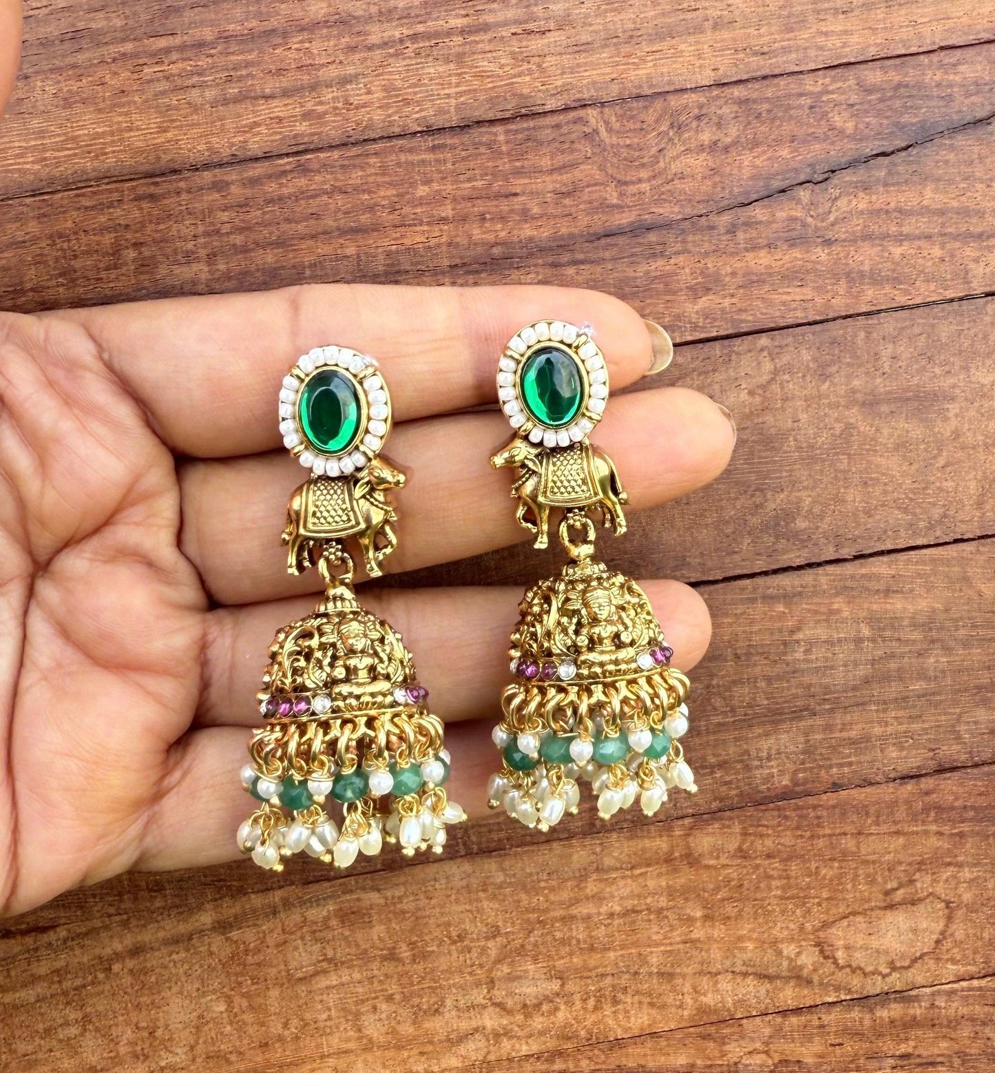 Traditional Lord lakshmi cow green stone pearl jhumkas