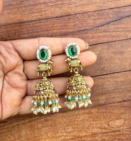 Traditional Lord lakshmi cow green stone pearl jhumkas
