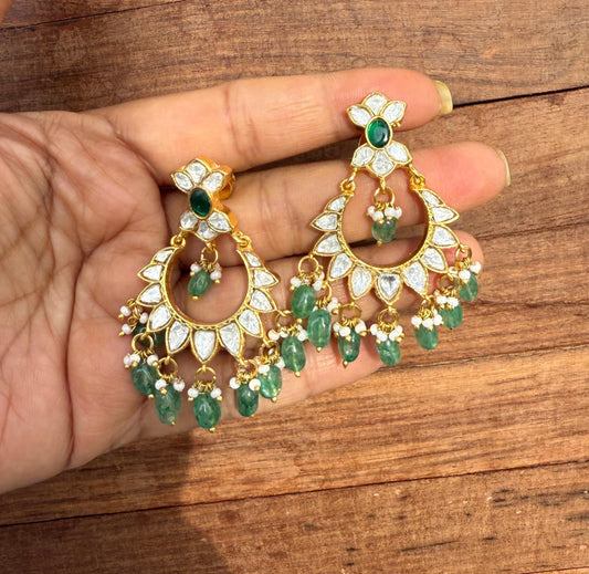 White real kundan green monalisa chandbalis