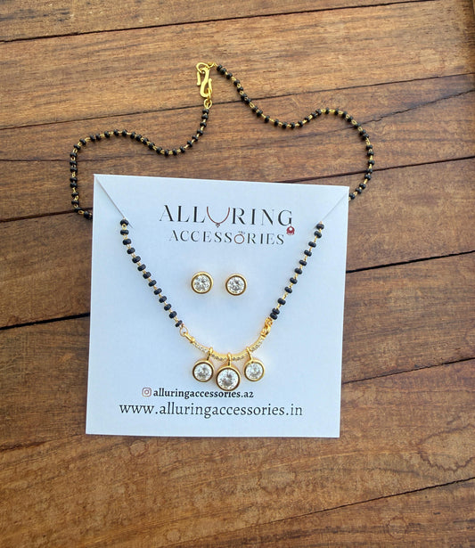 Three round kundan dailywear black beads necklace with earrings