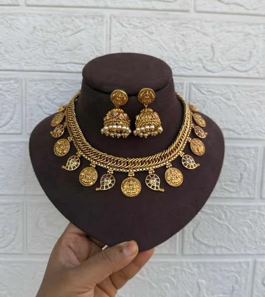 Mango lakshmi kasu jalebi necklace with beautiful jhumkas