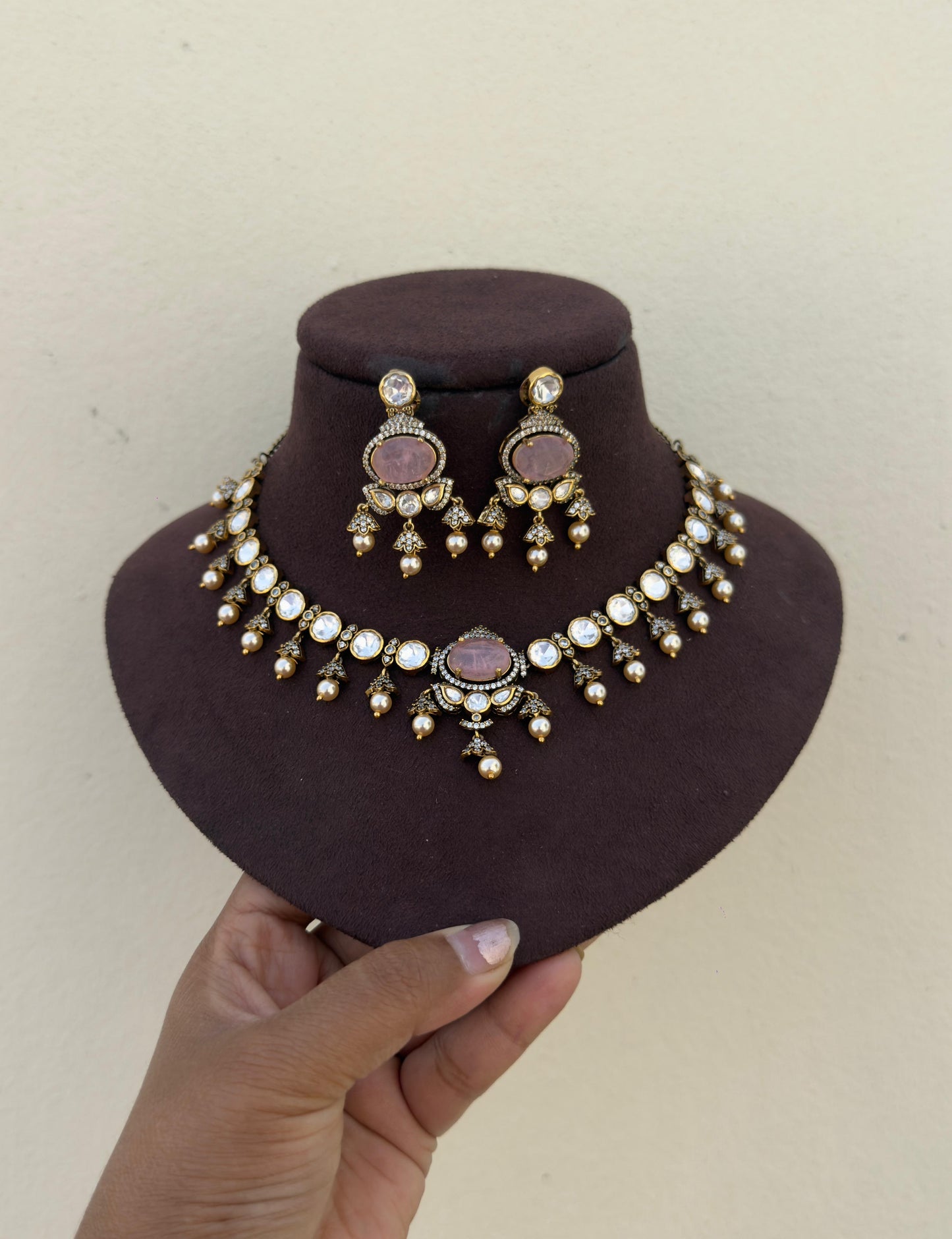 Polki rich look doublet stone Pink necklace with earrings