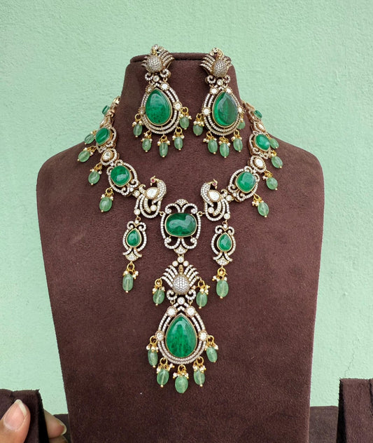 Designer 3D peacock emerald heavy look Victorian necklace