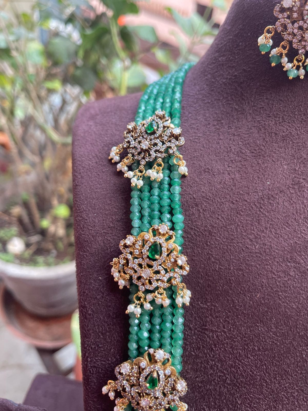 five layered antique peacock long mala necklace with earrings