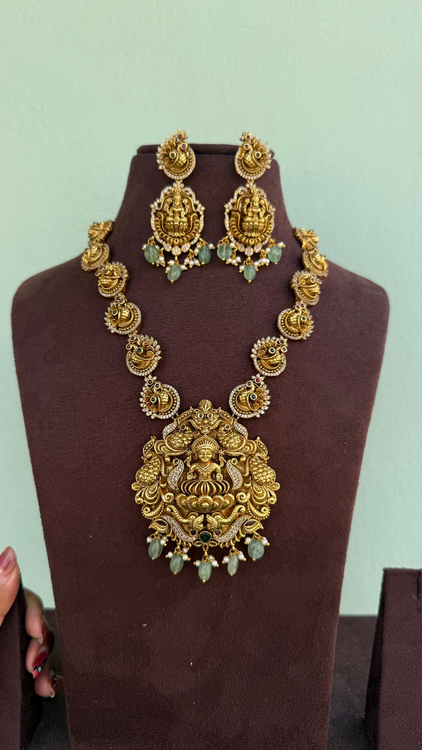 Lakshmi antique medium haram necklace with peacock chandbalis