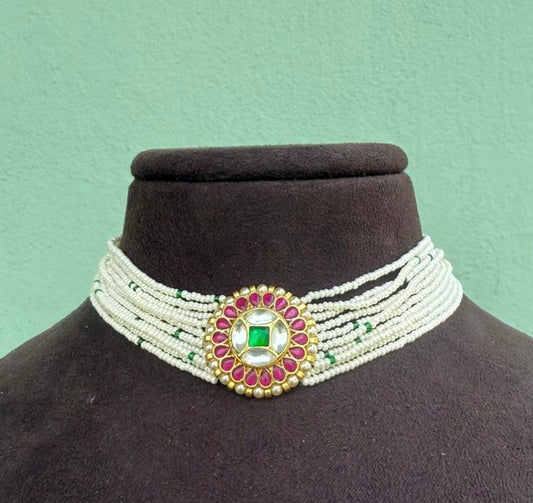 Ten layered pearl real kundan choker