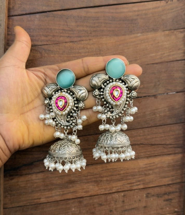 Silver look alike real kundan jhumkas