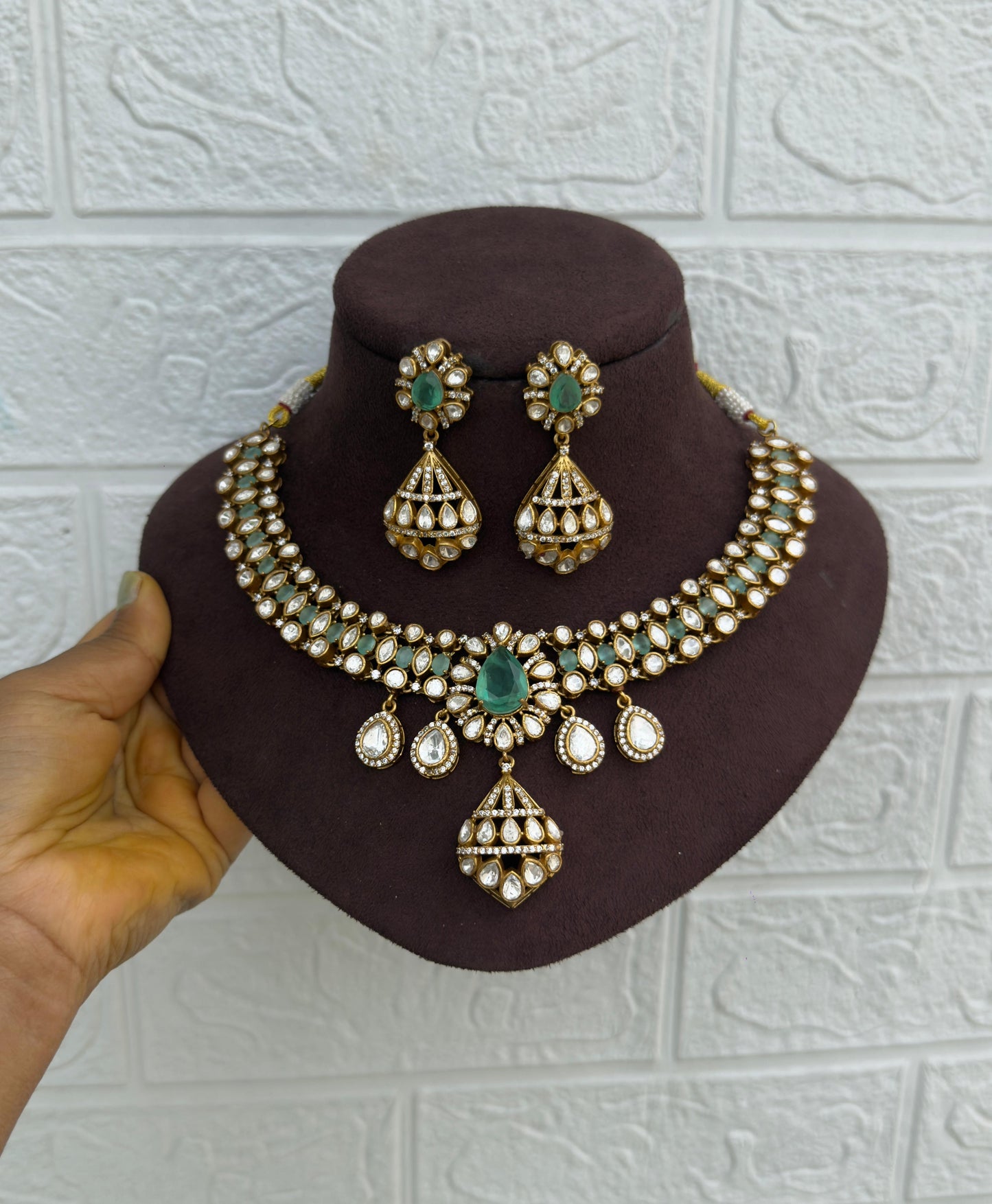 Classy five drop pearl Moissanite necklace with earrings