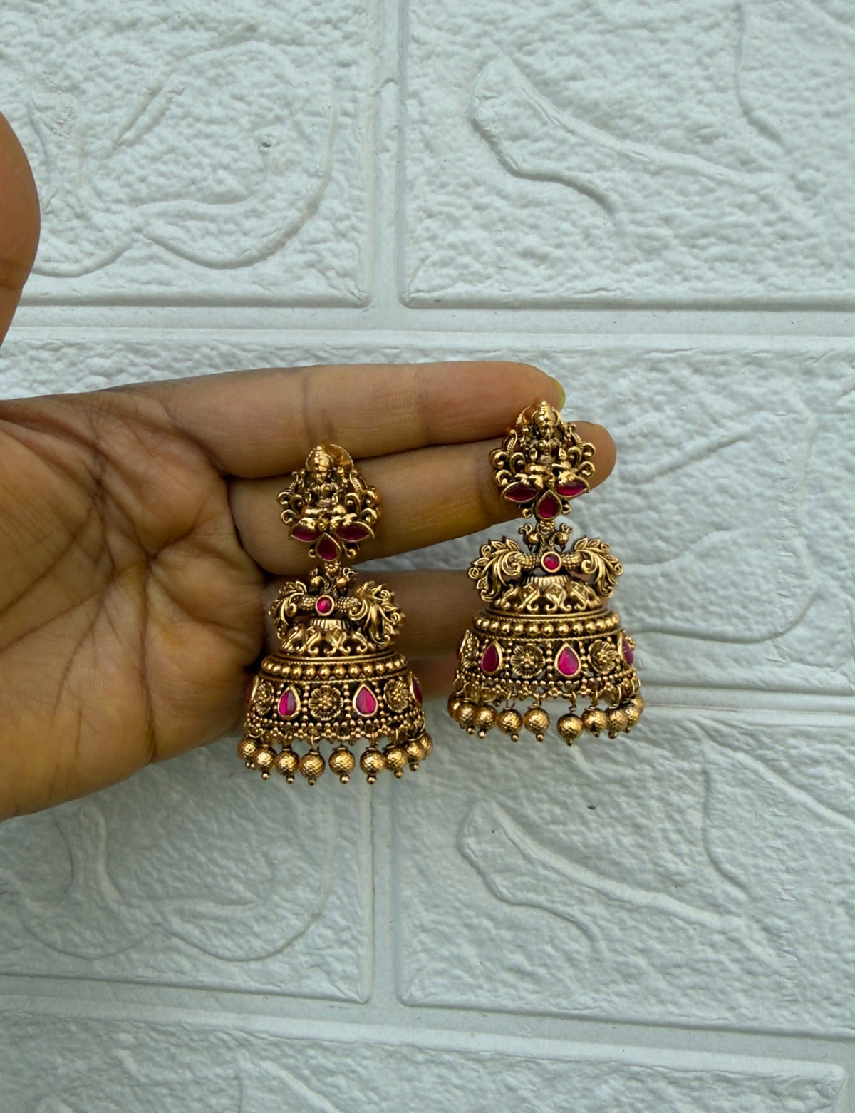 Antique lakshmi dual peacock engraved jhumkas 6