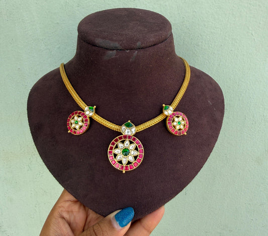 Real kundan nano three flower traditional necklace