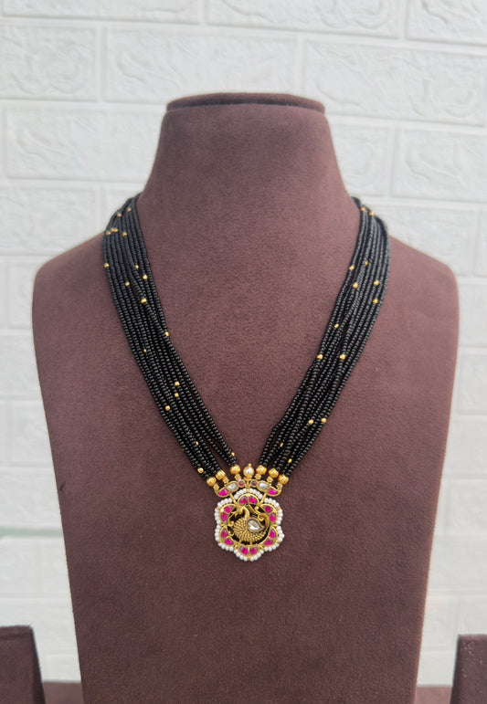 Peacock real kundan medium length black beads