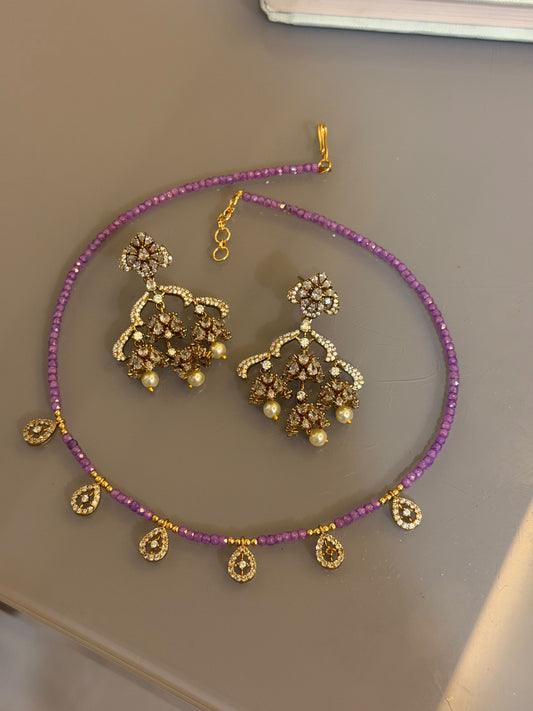 Purple beaded pearl drop gold shade necklace w/o earrings