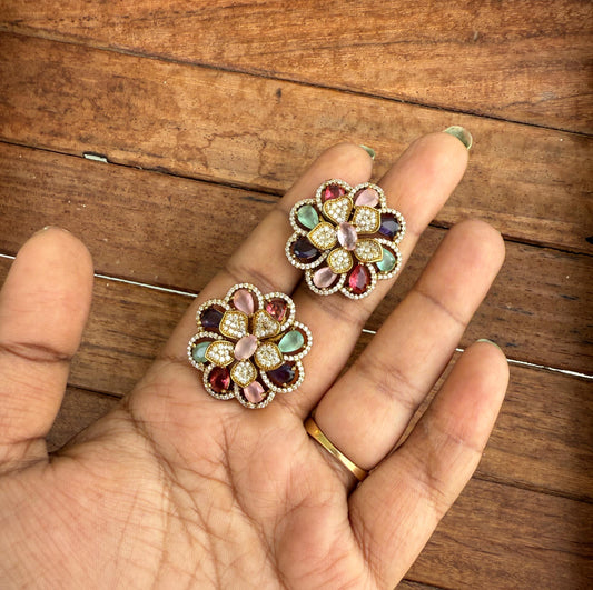 Multi coloured double flower mossanite studs
