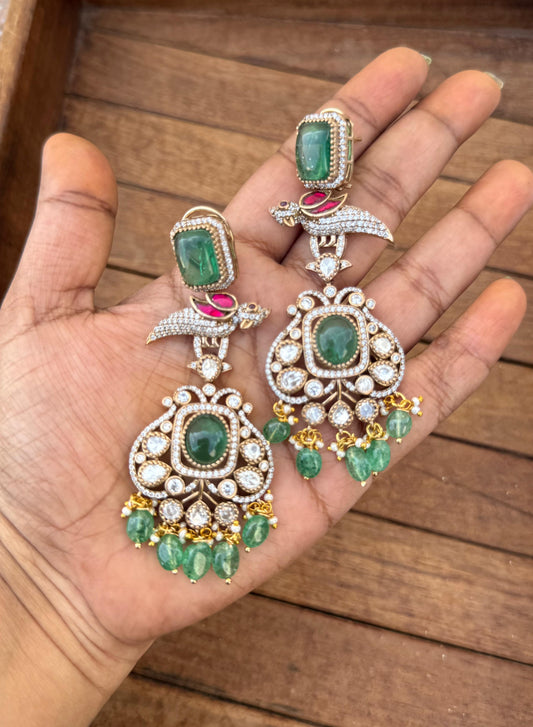 Real kundan parrot victorian long chandbali earrings