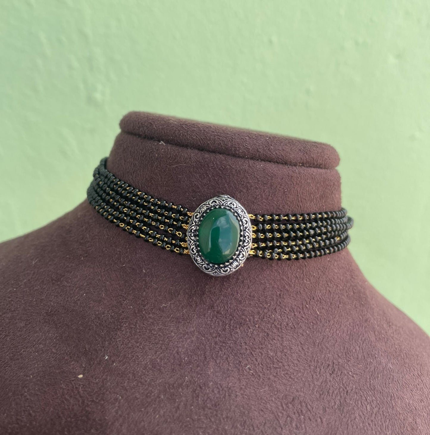 Black beads green oxidised choker - Alluring Accessories