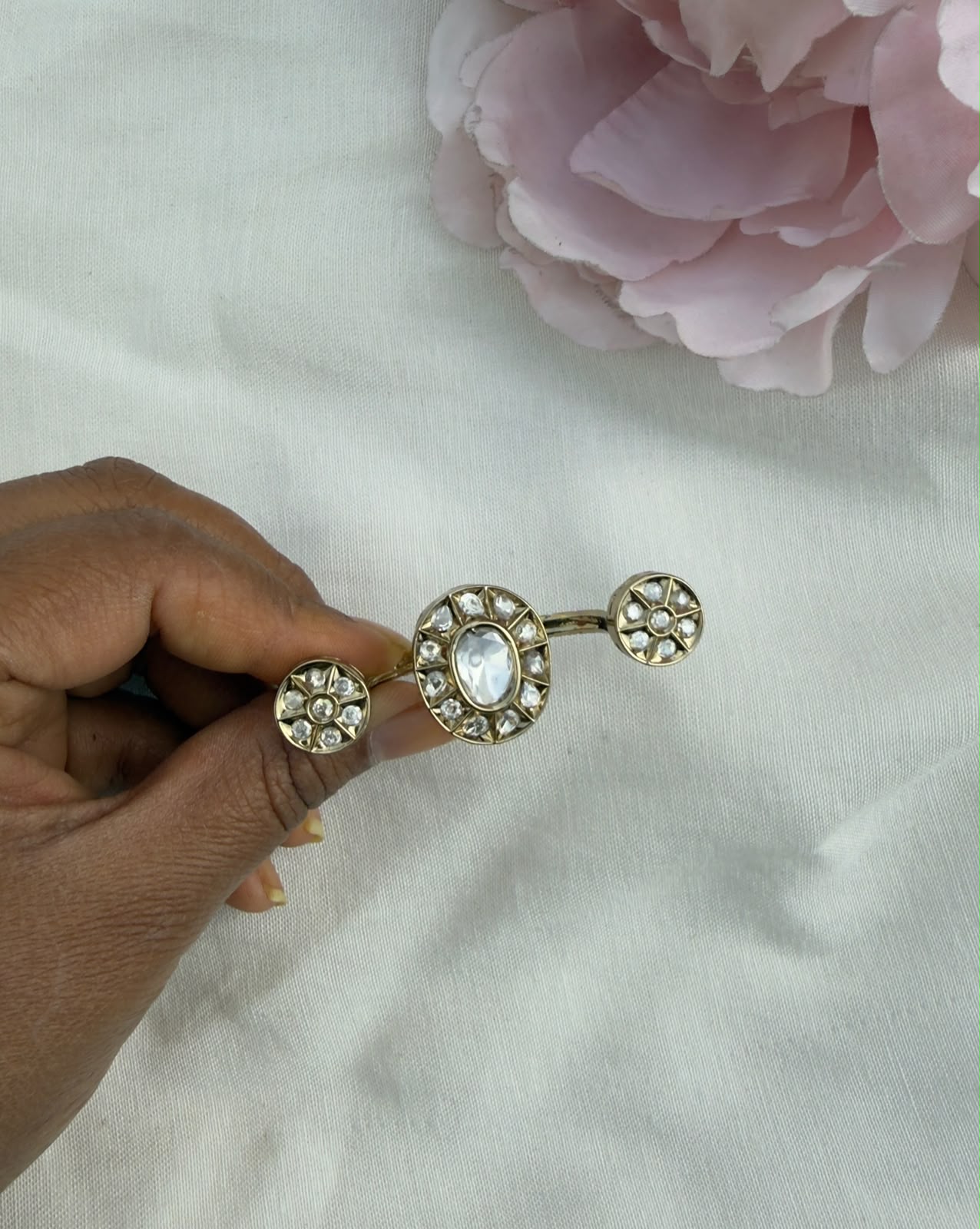 Stylish polki dual adjustable finger ring