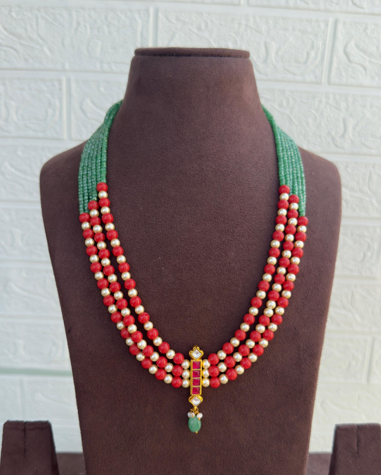 V shaped coral green six layered bead mala w/o earrings