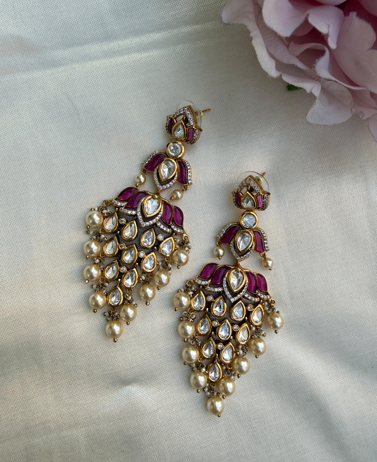 Lotus two layered polki designer chandbali earrings