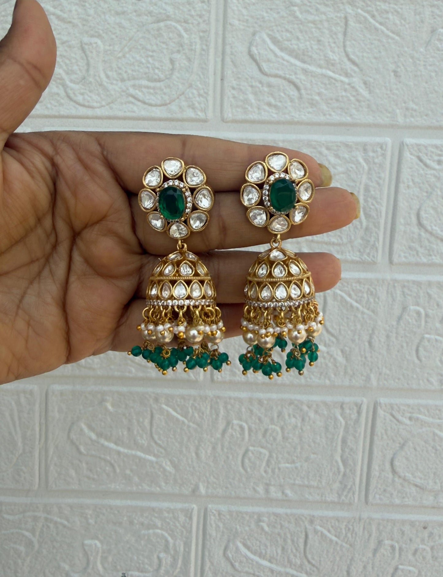 Oval moissanite two layered pearl designer jhumkas