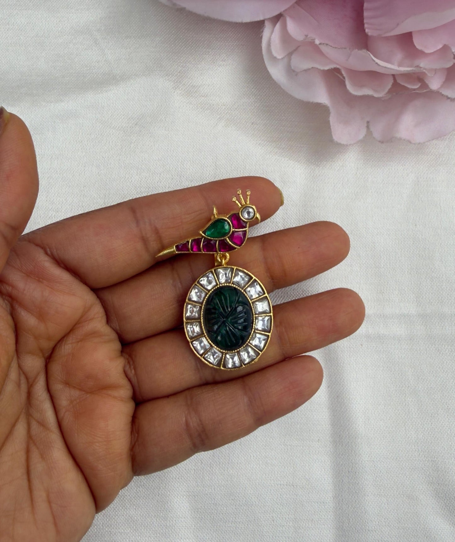 Parrot real Kundan flower embossed emerald drop locket with earrings