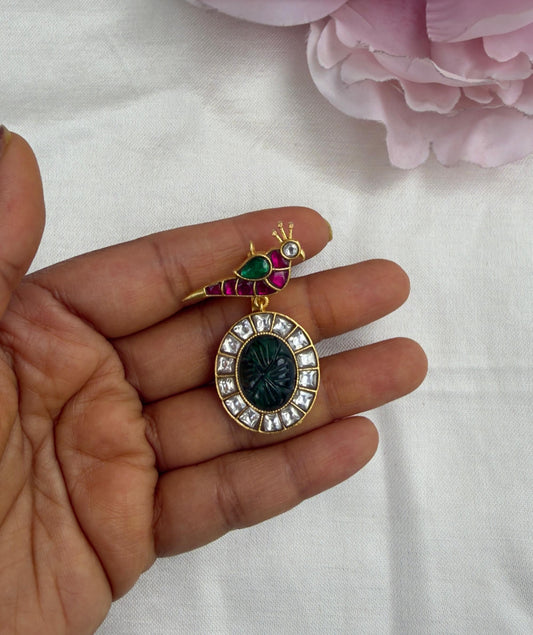 Parrot real Kundan flower embossed emerald drop locket with earrings