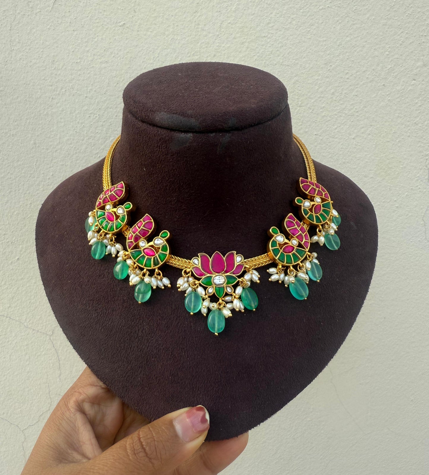 Real kundan lotus peacock multicoloured nano necklace