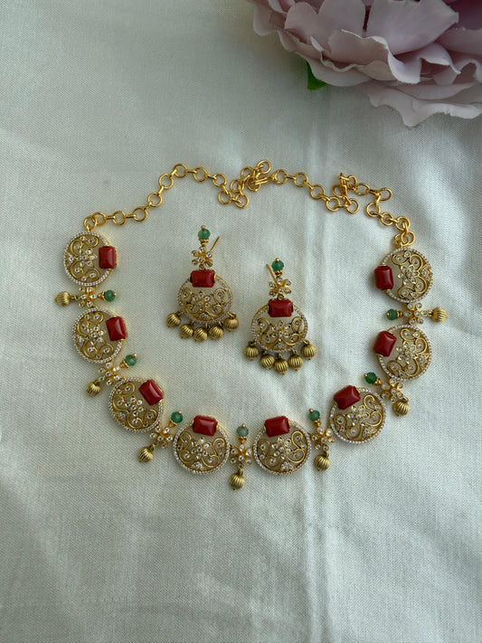Coral uncut diamond flower necklace with studs