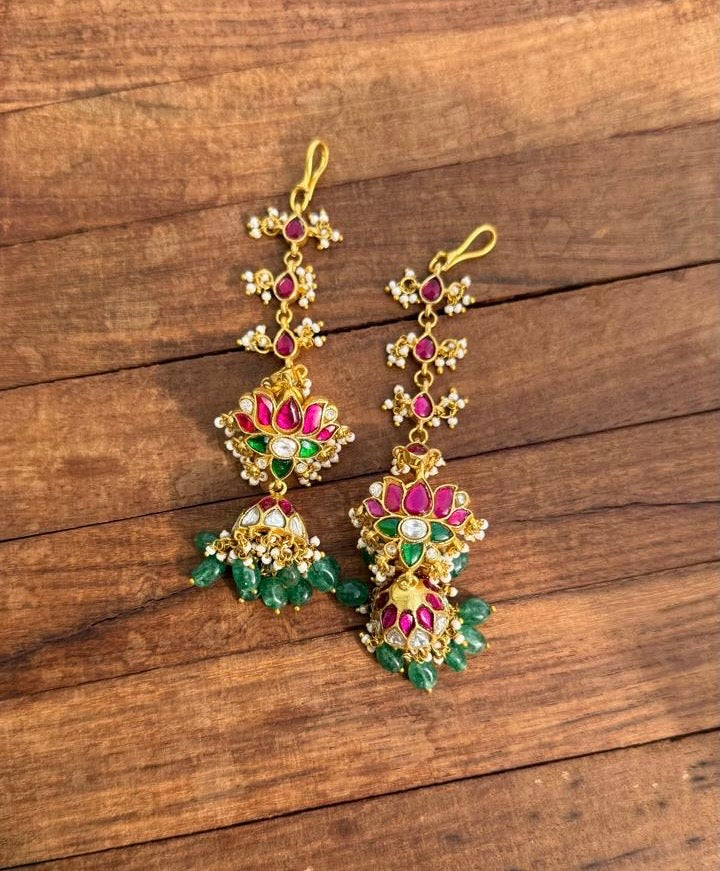 Lotus real kundan jhumkas with real kundan maatis / hair strings