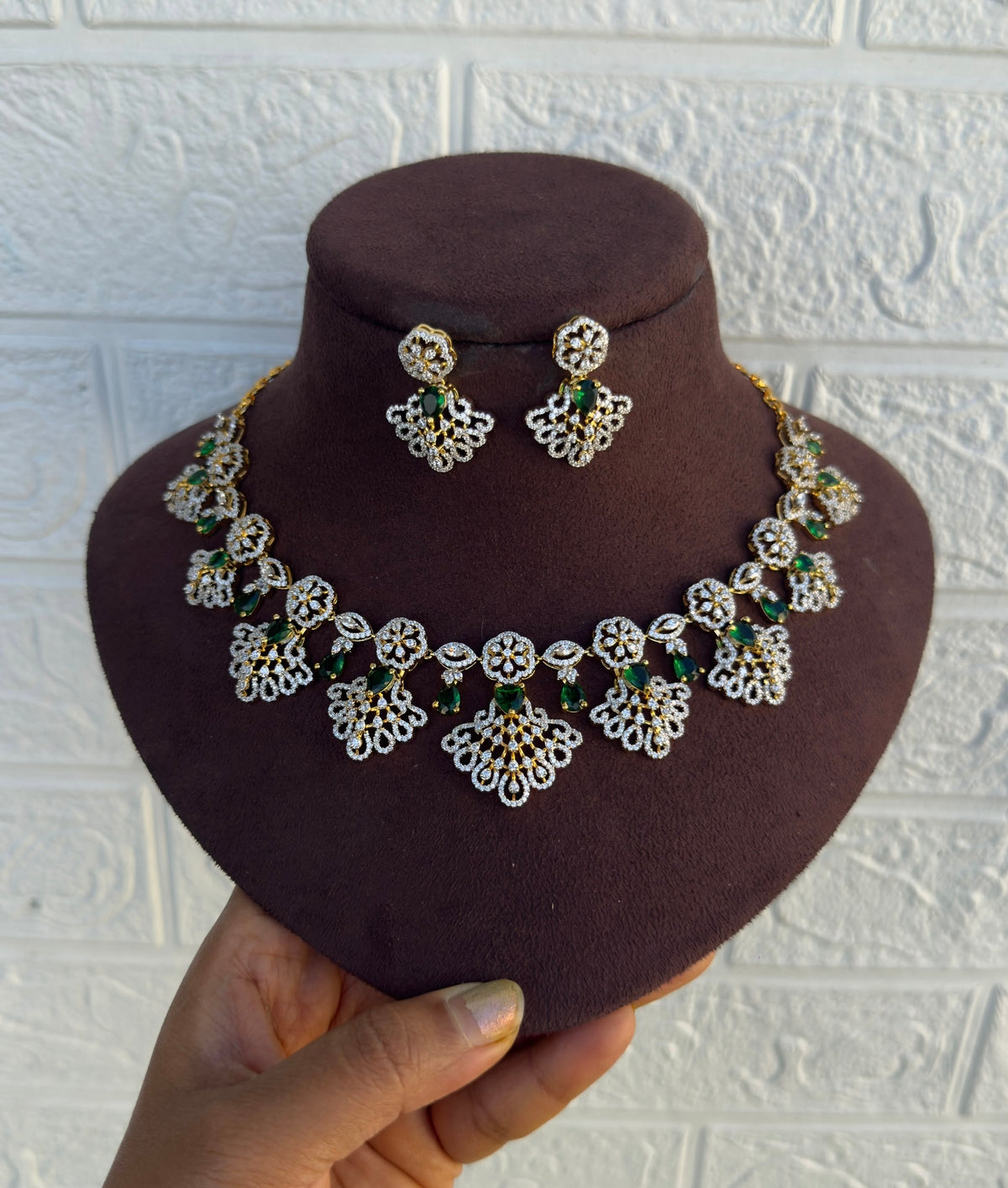 Heavy look flower drop diamond finish necklace with earrings 5
