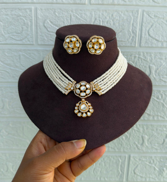Polki moissanite white kundan pearl choker with studs