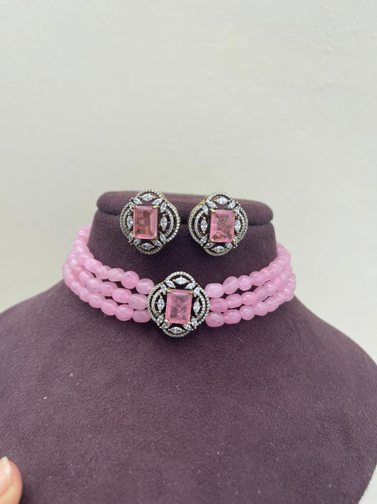 Candy pink diamond finish choker with earrings - Alluring Accessories