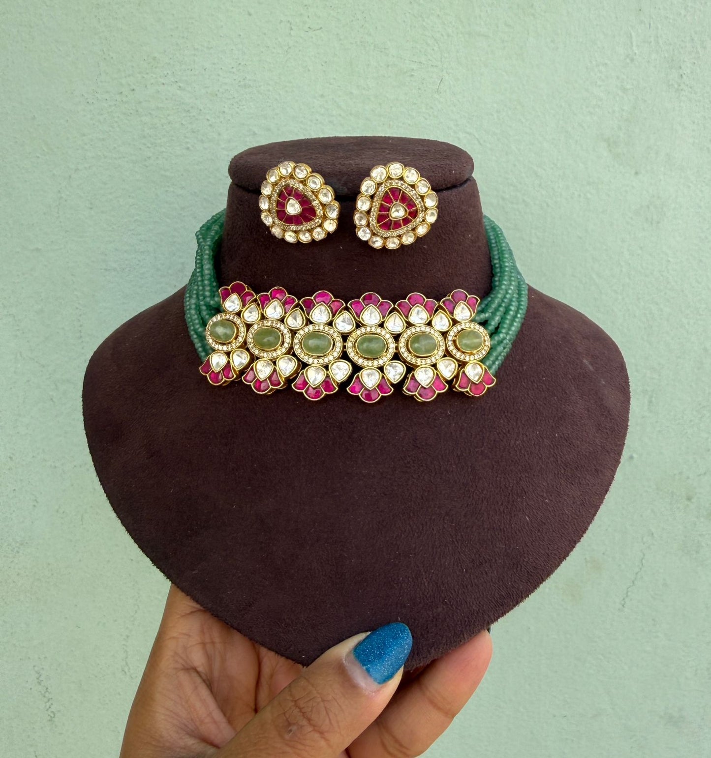 Stylish moissanite real kundan indowestern choker with studs