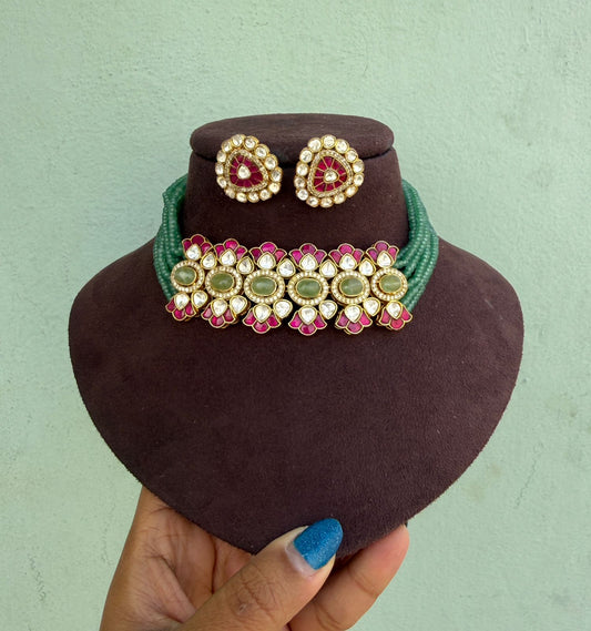 Stylish moissanite real kundan indowestern choker with studs