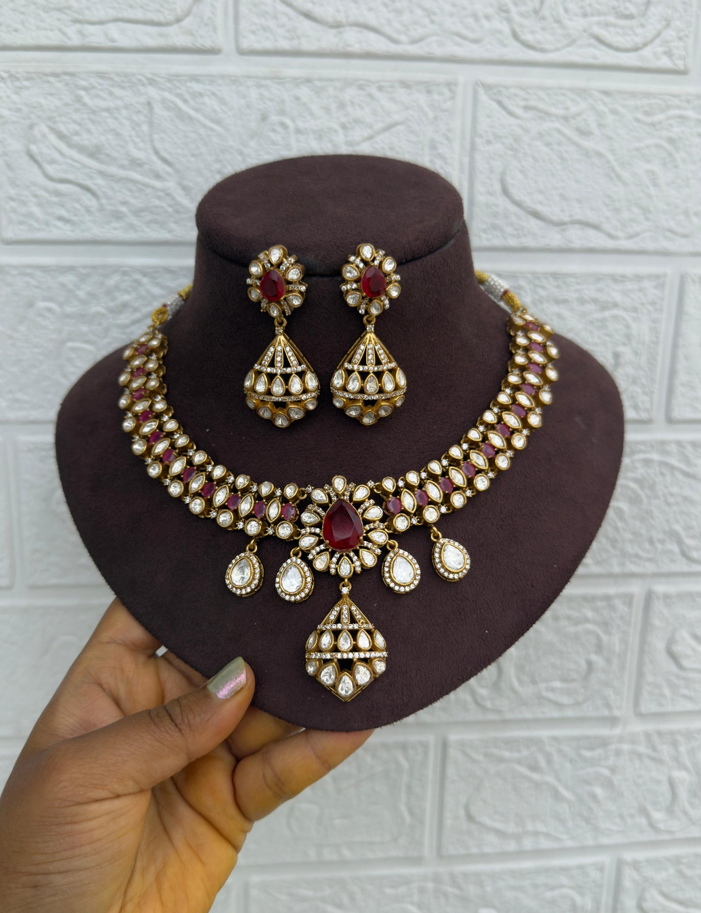 Classy five drop pearl Moissanite necklace with earrings