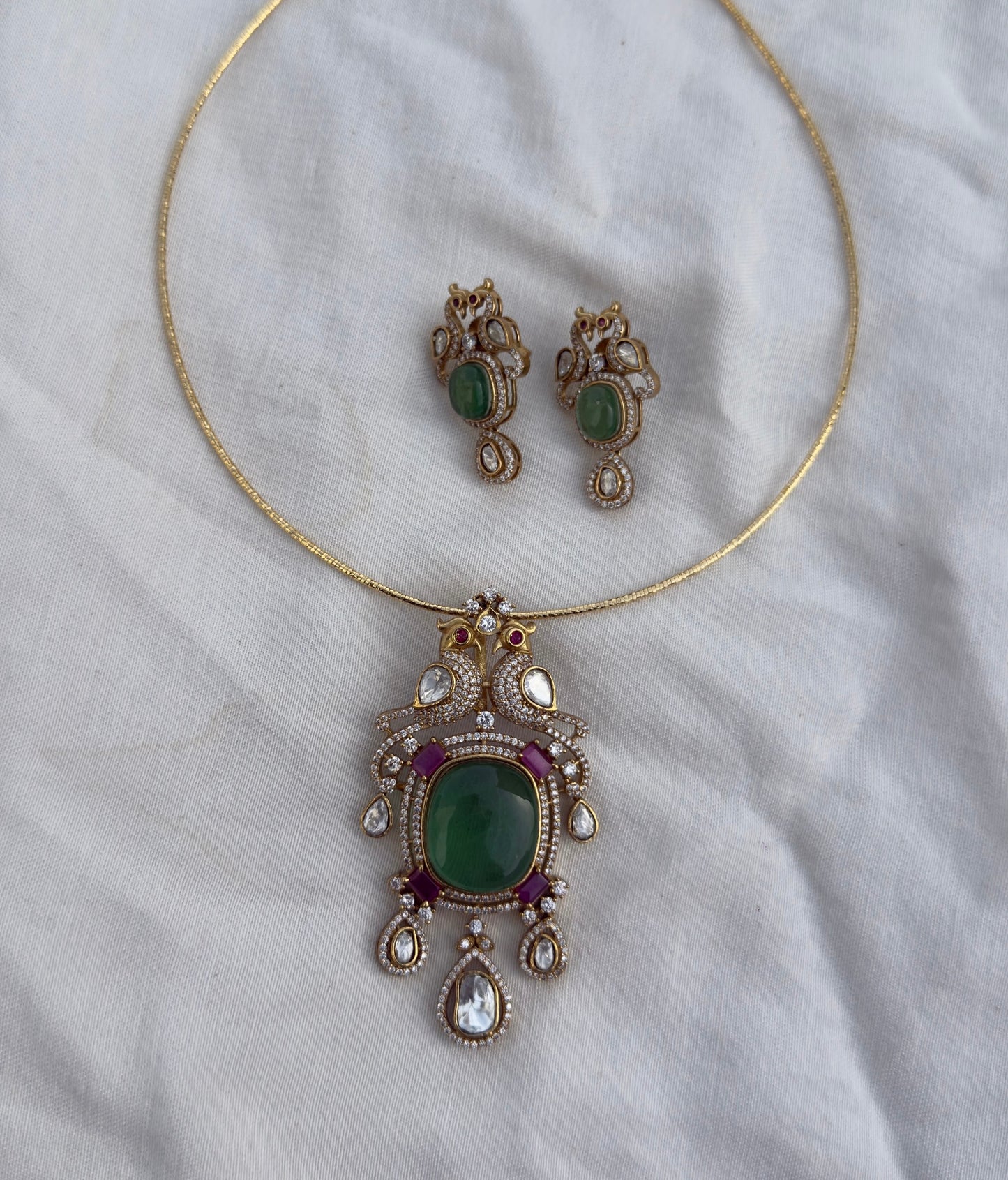 Dual peacock moissanite doublet stone locket with earrings