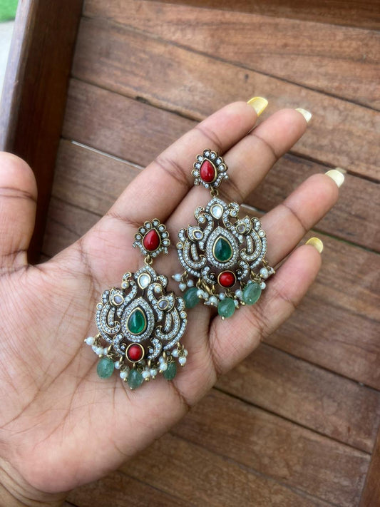 Coral and green stone victorian peacock chandbalis - Alluring Accessories