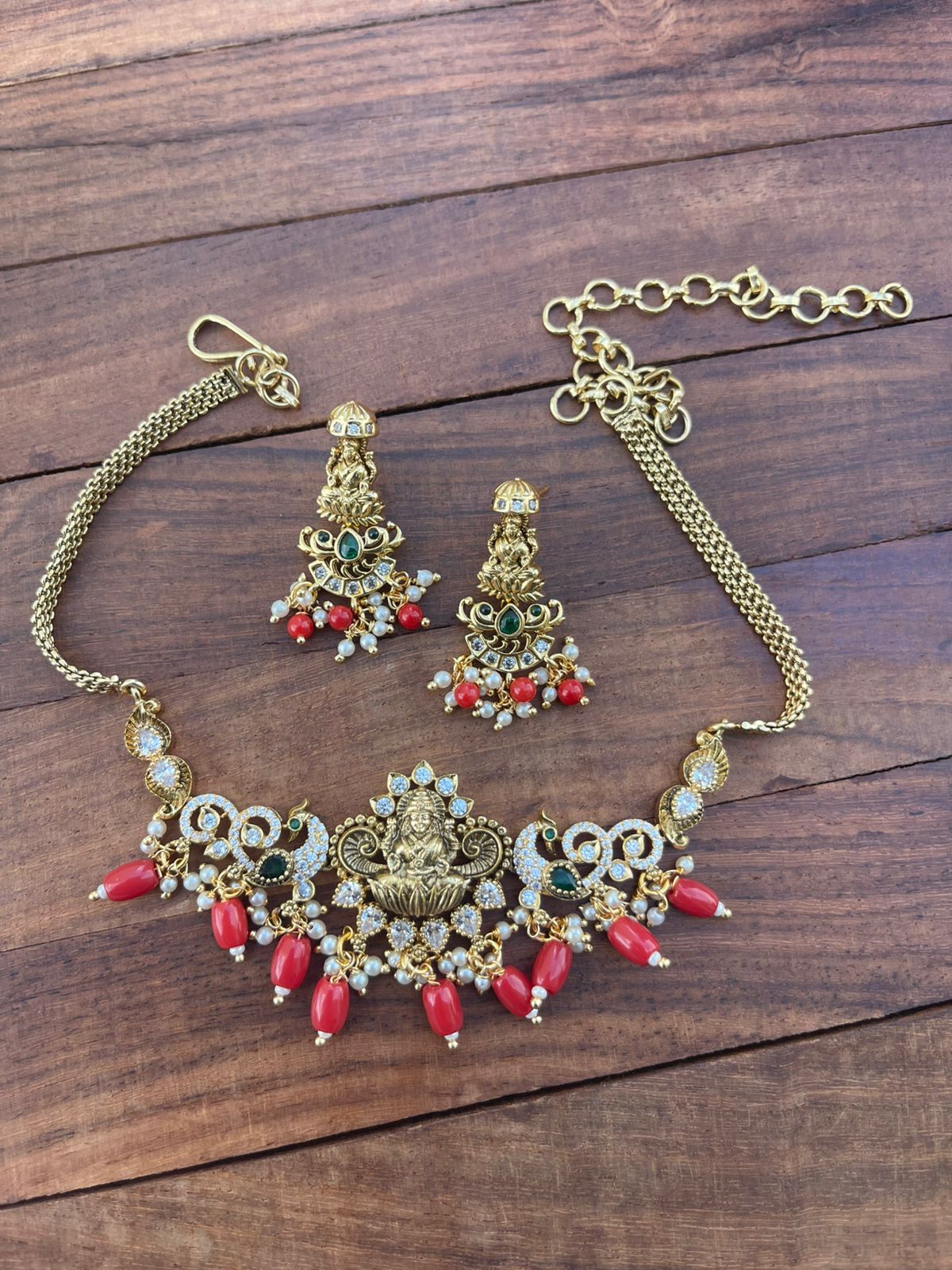 Coral lakshmi choker with earrings - Alluring Accessories