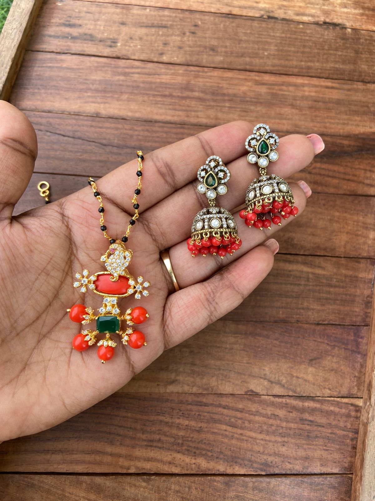 Coral locket with jhumkas and black beads combo - Alluring Accessories