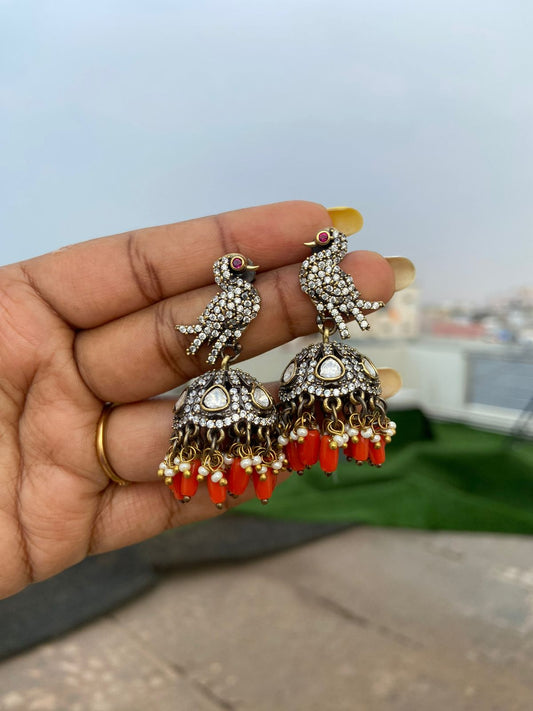 Coral peacock stone victorian jhumkas - Alluring Accessories