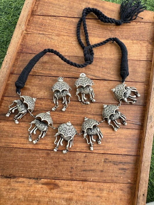 Elephant umbrella oxidised necklace with earrings