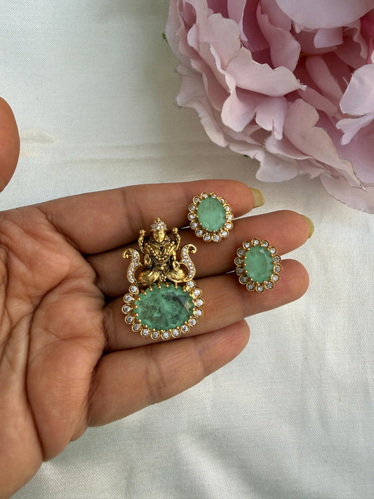 Green doublet stone affordable lakshmi devi locket with studs