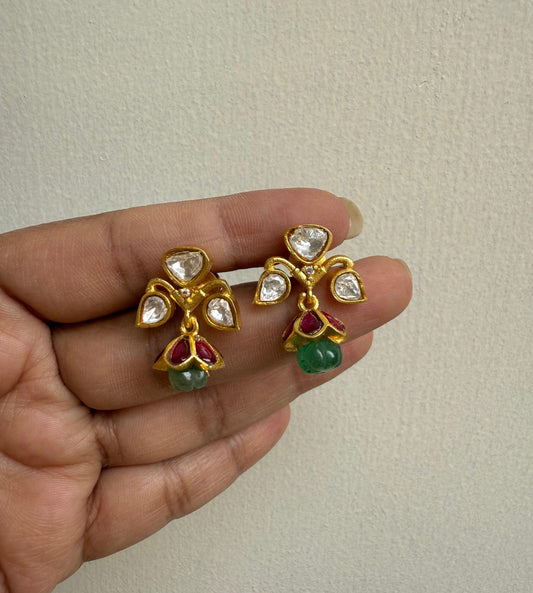 Three stone moissanite real kundan single pumpkin bead cute jhumkas